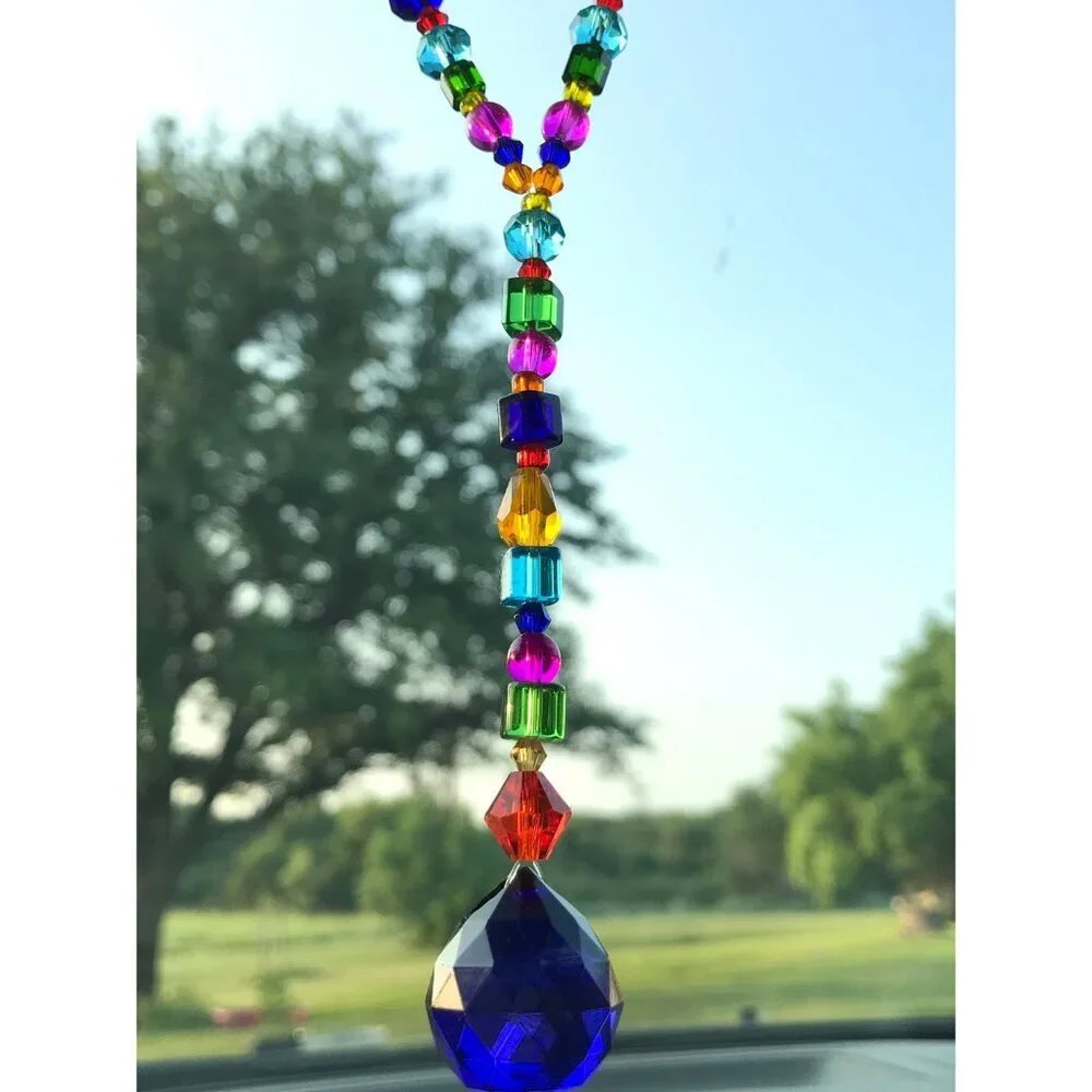 Beaded Suncatcher Car Charm Rearview Mirror Ornament Blue Crystal Prism